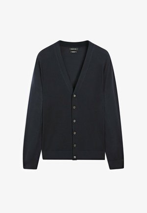 Cardigan di un blu navy scuro realizzato in morbido tessuto lavorato a maglia, con scollo a V, maniche lunghe e sei bottoni frontali con dettagli metallici.