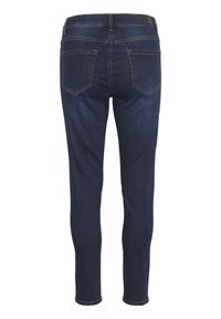 Mörkblå denimjeans med en slim fit, som har bakfickor och subtila sömdetaljer. Slät textur och stängda fållar.