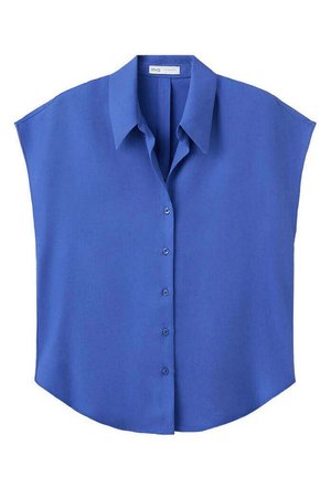Blauwe mouwloze blouse met knopen, puntkraag en een losse, boxy pasvorm.