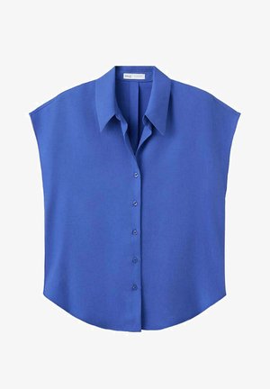 Blouse bleue sans manches avec boutons, col pointu et coupe ample et carrée.