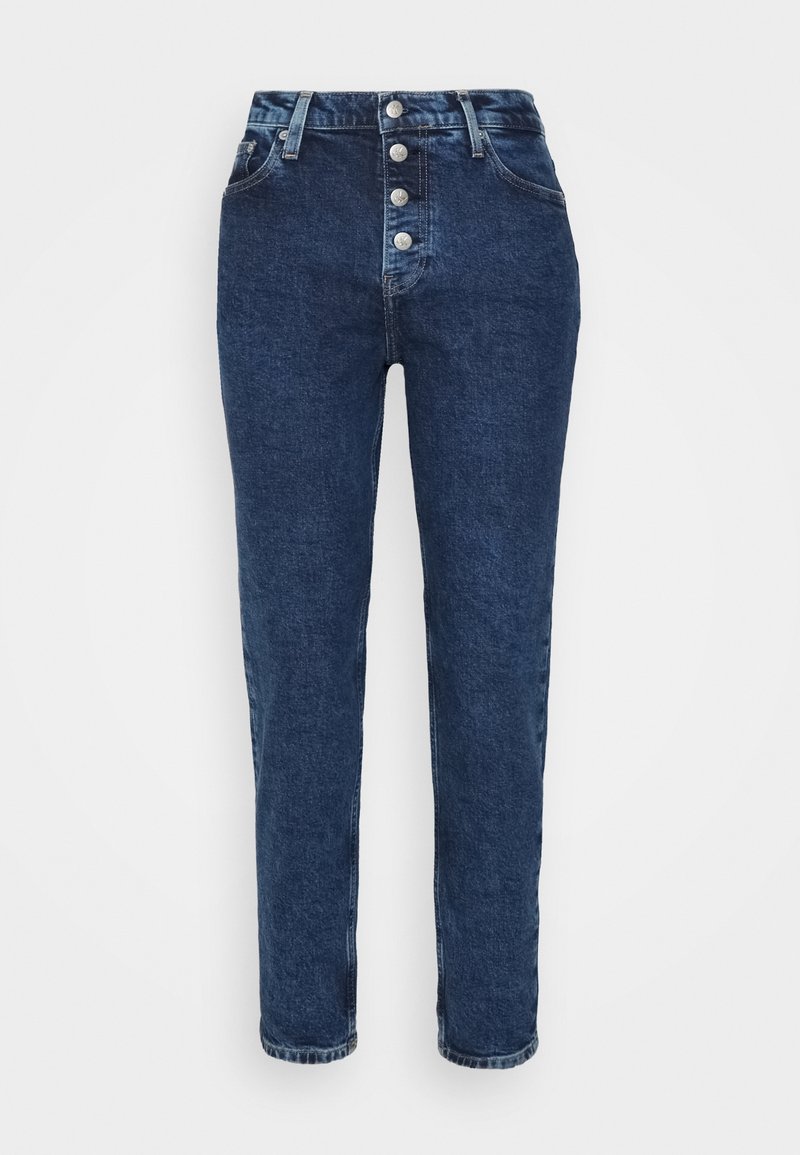 Jeans de mezclilla azul oscuro con una cintura alta, cierre de cinco botones y piernas rectas. Incluye detalles de costura y un corte clásico.