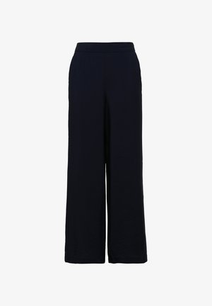 Tume sinised laiad püksid siledast materjalist, millel on veniv vöökoht, lahtine lõige ning nähtavad kaunistused või taskud puuduvad.