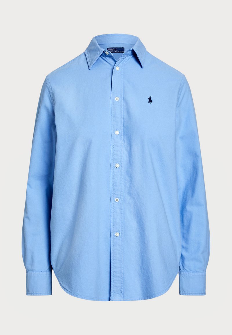 Ljusblå långärmad skjorta med knappar och klassisk krage, med en enkel broderad logotyp. Tillverkad av bomull med en slät yta.