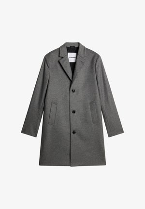 Cappotto di lana grigia con rever a taglio, design monopetto, cinque bottoni e due tasche laterali. Tessuto liscio, vestibilità sartoriale.