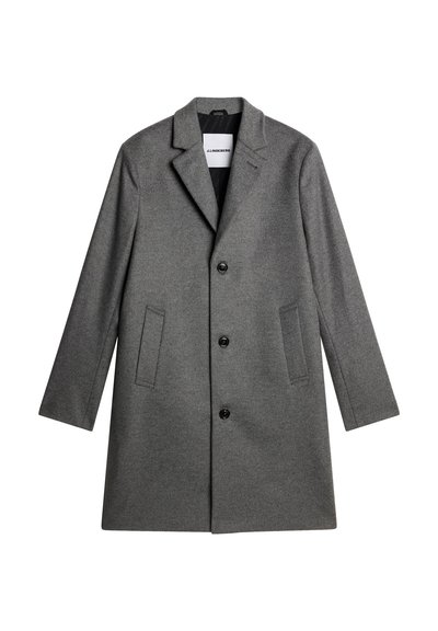 Cappotto di lana grigia con rever a taglio, design monopetto, cinque bottoni e due tasche laterali. Tessuto liscio, vestibilità sartoriale.