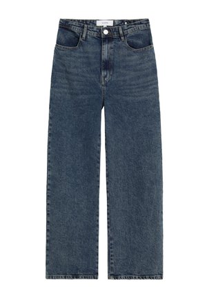 Vaqueros azul oscuro de tiro alto y pierna recta con cierre de botón y cremallera en la parte delantera, trabillas para cinturón y bolsillos delanteros y traseros.