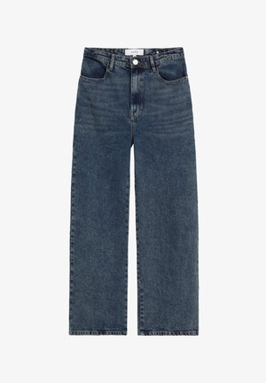 Vaqueros azul oscuro de tiro alto y pierna recta con cierre de botón y cremallera en la parte delantera, trabillas para cinturón y bolsillos delanteros y traseros.