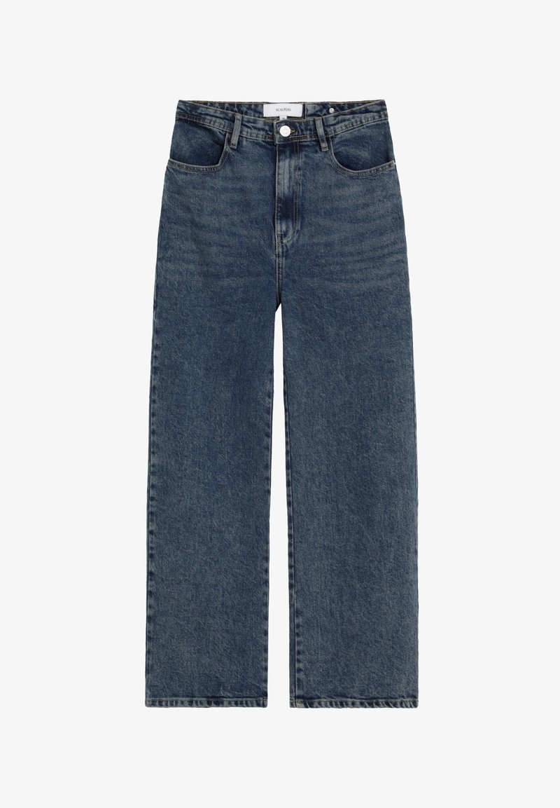 Vaqueros azul oscuro de tiro alto y pierna recta con cierre de botón y cremallera en la parte delantera, trabillas para cinturón y bolsillos delanteros y traseros.