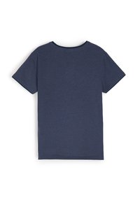 Granatowa koszulka z krótkim rękawem o gładkiej fakturze i okrągłym dekolcie, o prostym wzorze, bez widocznych wzorów czy akcentów.