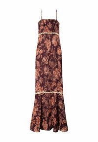 Vestido largo sin mangas con tirantes finos, base morada oscura y patrón floral naranja, con detalles de encaje horizontal en la cintura y el dobladillo.