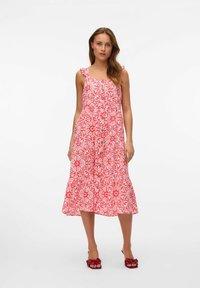 Floral-patterned, sleeveless, pink dress with ruffled straps and a flared hemline, featuring front buttons and a lightweight fabric.