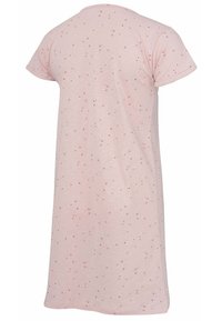 Abito rosa pallido a maniche corte con piccoli motivi circolari rossi sparsi. Tessuto morbido, taglio dritto, design alla lunghezza del ginocchio.