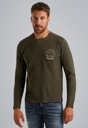 Olijfgroen langarmshirt met ronde hals, voorzien van een gestructureerde afwerking en een bedrukt logo op de bovenste linker borst.