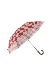 Pink and brown plaid umbrella with a curved wooden handle, metal shaft, and a canopy displaying a geometric diamond pattern.