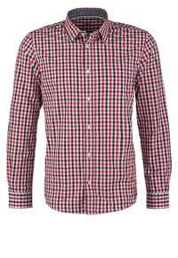 Chemise pour homme à manches longues avec boutons, motif à carreaux rouge, blanc et bleu marine, col pointu.
