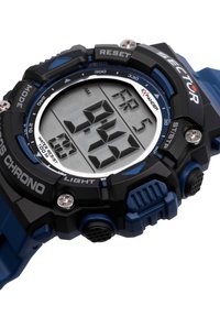 Orologio digitale con cinturino in gomma nero e blu, cassa rotonda, grande display e pulsanti per le funzioni di modalità e luce. Resistente all'acqua fino a 100 metri.