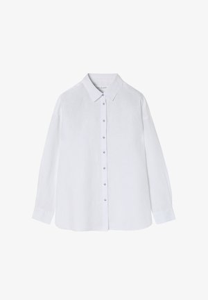 Biała koszula z długim rękawem, wykonana z lnu, z zapięciem na guziki z przodu, klasycznym kołnierzykiem i jasnoniebieskimi guzikami jako akcentem.