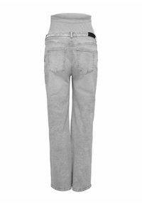 Jean en denim gris avec une taille large, jambes droites, deux poches arrière et des détails de couture minimaux.