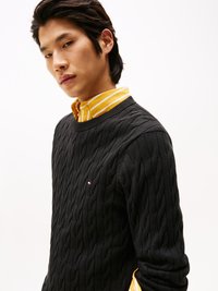 Μαύρος πουλόβερ με πλέξη καλωδίου και ριμπ μεσόκοψη πάνω από κίτρινο πουκάμισο με ρίγες. Διακριτική λεπτομέρεια λογότυπου στο αριστερό στήθος του πουλόβερ.