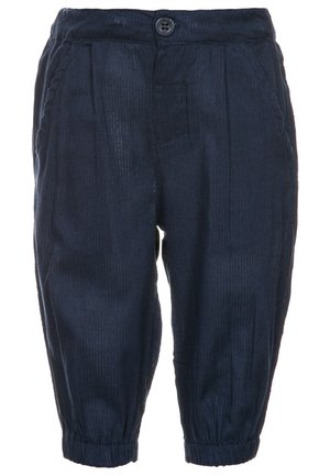 Pantalon bleu marine pour tout-petit avec poignets élastiques, poches latérales, fermeture par bouton et tissu doux texturé.