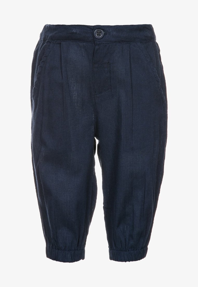 Pantalon bleu marine pour tout-petit avec poignets élastiques, poches latérales, fermeture par bouton et tissu doux texturé.
