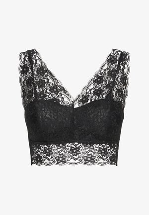 Čierna čipkovaná braletka s širokými čipkovými ramienkami, kvetinovým vzorom a vrúbkovaným lemom. Mäkká čipková textúra s priliehavým strihom.