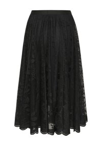 Jupe midi en dentelle noire à motif floral, ourlet festonné et taille élastique, fabriquée en tissu semi-transparent.