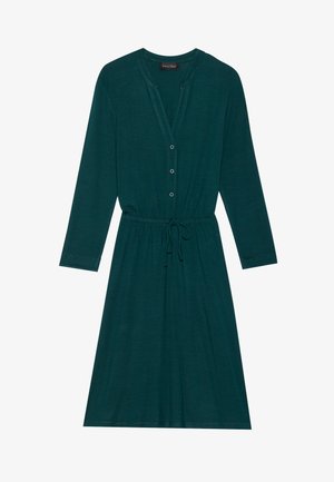 Türkises Kleid mit langen Ärmeln, V-Ausschnitt und Knopfverschluss. Verfügt über einen Kordelzug in der Taille und eine lockere Passform, hergestellt aus weichem Stoff.