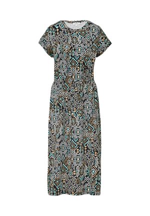Lühikese varrukaga kleit, millel on geomeetriline muster mustas, valges ja tealses värvitoonis, vöödiga ja sirge seelikuosa.