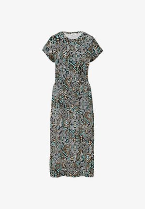 Lühikese varrukaga kleit, millel on geomeetriline muster mustas, valges ja tealses värvitoonis, vöödiga ja sirge seelikuosa.