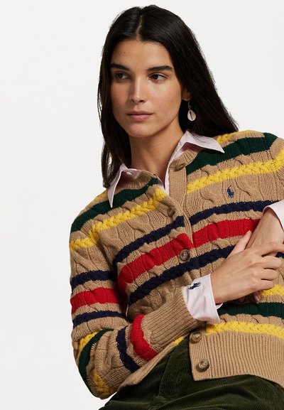 Polo Ralph Lauren STRIPED CABLE WOOL CASHMERE CARDIGAN - Cardigan - camel melange multi
