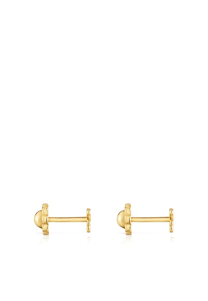 Orecchini a bottone in oro con design sferico e retro testurizzato, che offrono un'estetica minimalista e moderna.
