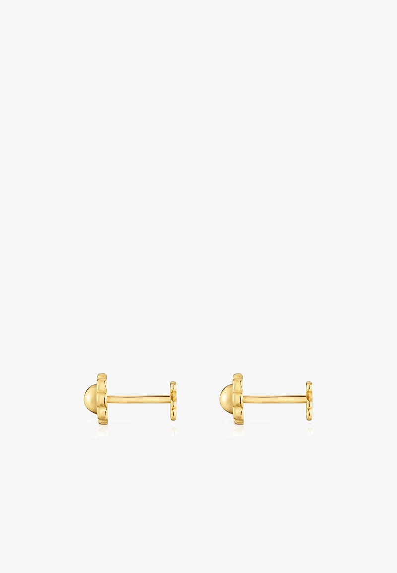 Orecchini a bottone in oro con design sferico e retro testurizzato, che offrono un'estetica minimalista e moderna.