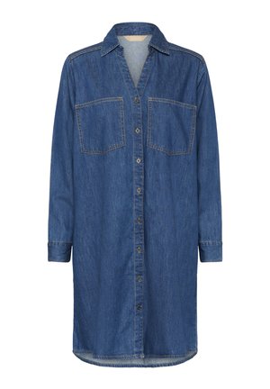 Denim-Hemdkleid in mittlerem Blauton. Es verfügt über eine durchgehende Knopfleiste, einen Kragen, zwei Brusttaschen und lange Ärmel mit Knopfmanschetten.