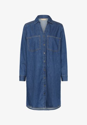 Denim-Hemdkleid in mittlerem Blauton. Es verfügt über eine durchgehende Knopfleiste, einen Kragen, zwei Brusttaschen und lange Ärmel mit Knopfmanschetten.
