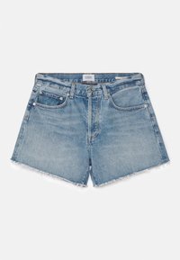 Denim shorts in light blue, featuring a frayed hem, five-pocket design, and metal hardware. Label reads "CITIZENS OF HUMANITY."