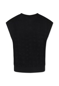 Zwart gebreid T-shirt met korte mouwen, voorzien van een gestructureerd patroon van donkere V-vormen, afgewerkt met een effen zwarte geribbelde zoom.