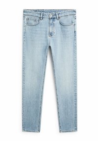 Light blue denim jeans with a straight-fit design, five pockets, and a classic button and zipper closure. Soft texture with minimal fading.