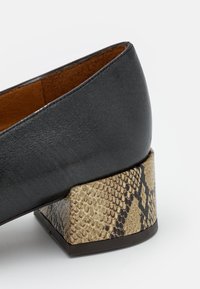 Chaussure en cuir noir avec un petit talon carré affichant un imprimé serpent texturé en beige et noir. Tige lisse avec une doublure intérieure marron.