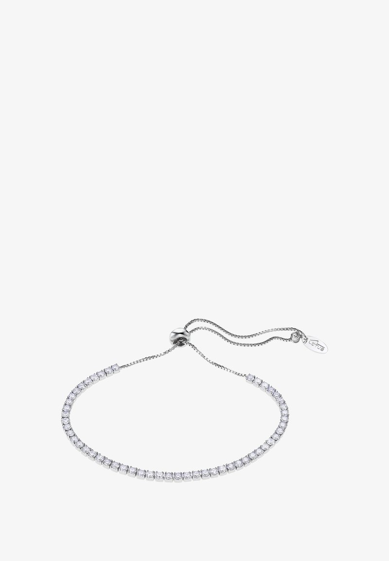 Silver adjustable bracelet featuring a row of clear gemstones set in a sleek, delicate chain with a round clasp and logo tag.