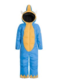 Blå og gul polstret vinterdragt med hætte, der har en rygfinne, ører og en frontlynlås. Inkluderer sidelommer og mønstrede manchetter.