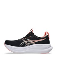 Black running shoe with a textured upper, metallic accents, and a thick white sole. Features bright coral details and a standard lace closure.