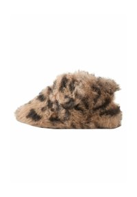 Chaussons en velours beige avec motif léopard, présentant une forme arrondie et une texture douce, conçus pour un usage intérieur.