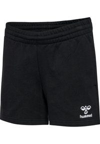 Pantalones cortos de algodón negros con una cintura elástica, que presentan un logo blanco bordado en la parte inferior izquierda. Diseño simple y clásico.