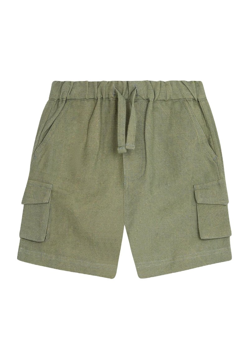 Olivově zelené cargo šortky z texturované tkaniny, s elastickým pasem, šňůrkou a dvěma bočními kapsami s klopou.