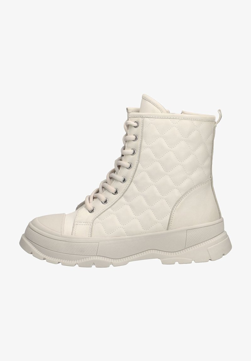 Witte gewatteerde hoge sneakers met vetersluiting, rubberen zool, ronde neus en een gestructureerde afwerking voor extra grip.
