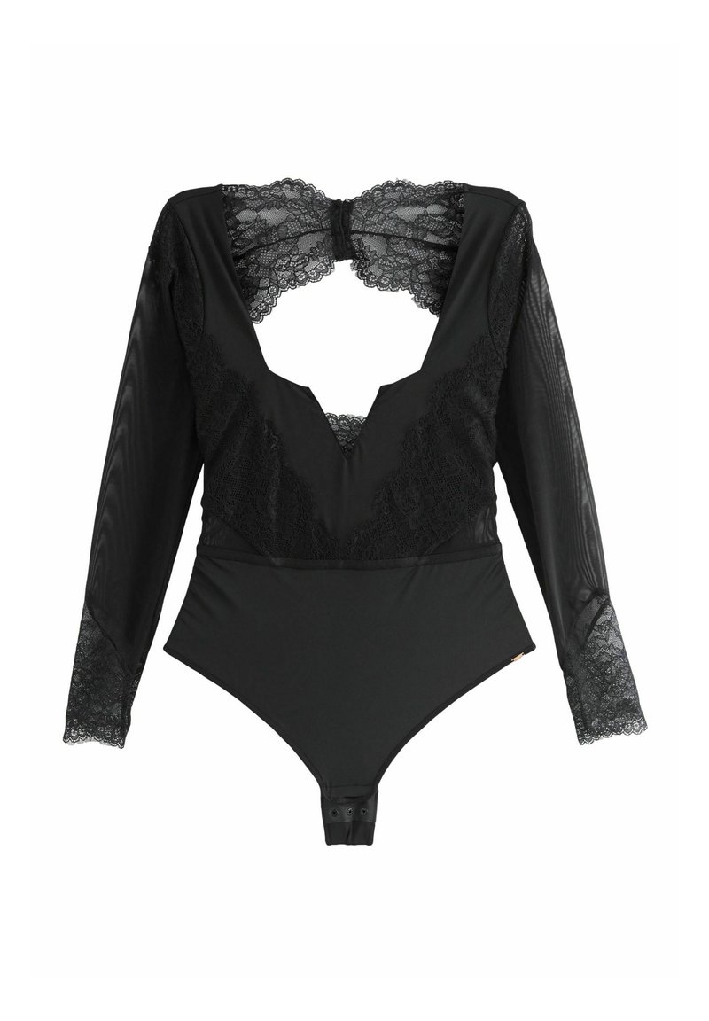 Musta bodysuit, jossa on pitkät pitsihihat, syvä V-mallinen kaula-aukko ja pitsiyksityiskohtia rinnassa. Varustettu nepparikiinnityksellä alaosassa.