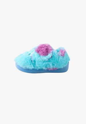 Scarpa per bambini morbida e pelosa di un brillante blu con macchie viola e una suola flessibile, progettata per l'uso indoor.