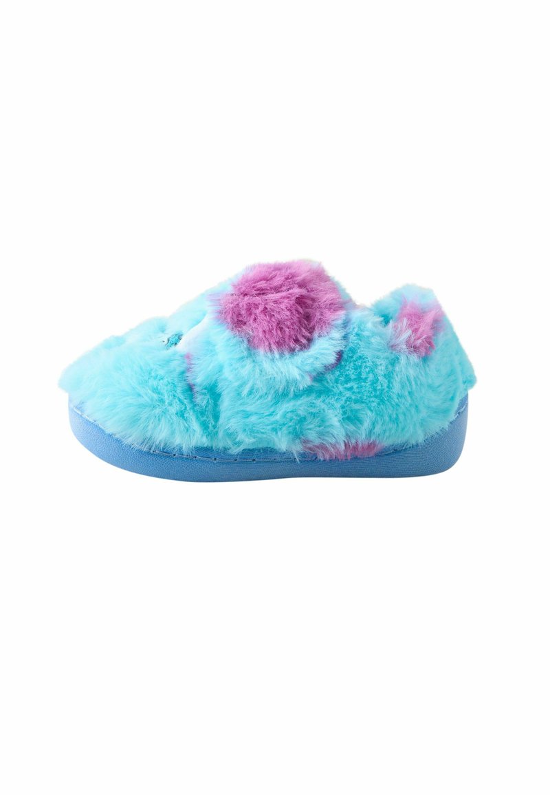 Weiche, flauschige Babyschuhe in leuchtendem Blau mit lila Punkten und einer flexiblen Sohle, die für den Innengebrauch gedacht sind.