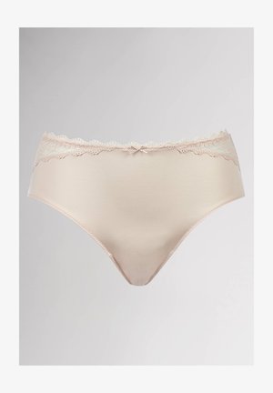 Beige hipster panties with lace trim at the waist, featuring a delicate bow detail and a smooth, soft texture.